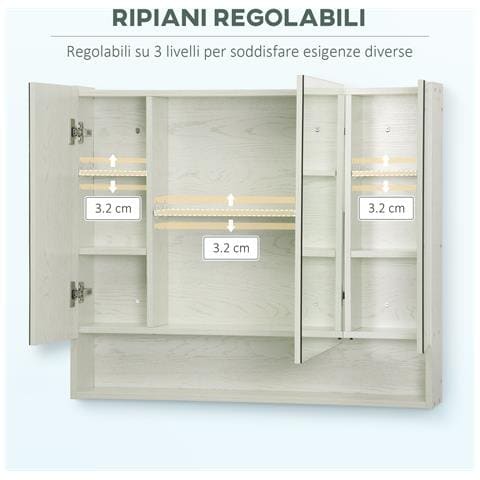 Armadietto Con Specchio A 4 Sezioni Con Ripiani Regolabili, Specchiera Bagno In Legno E Vetro, 90x15x75 Cm, Bianco - Foto 2