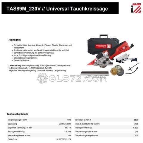 Sega Circolare A Immersione Laser Binario Guida 3 Lame Holzmann Tas89m_230v - Foto 8