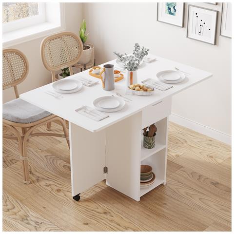 Tavolo Da Pranzo Pieghevole Salvaspazio Bianco 2 Ruote Casa Ufficio 120x77x75cm - Foto 2