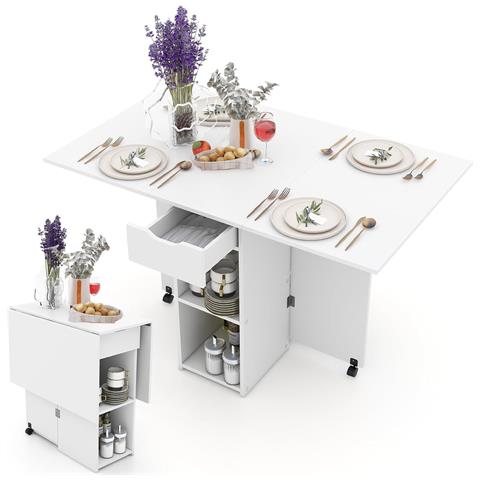 Tavolo Da Pranzo Pieghevole Salvaspazio Bianco 2 Ruote Casa Ufficio 120x77x75cm - Foto 1