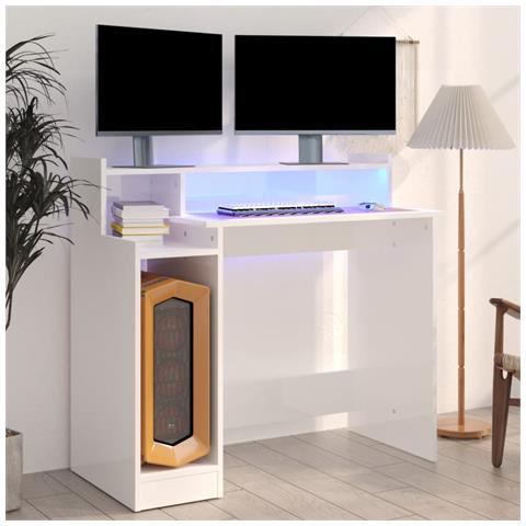 Scrivania Con Led Bianco Lucido 97x45x90cm In Legno Multistrato - Foto 8