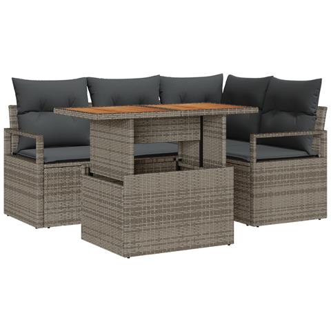 Set Divano da Giardino 5 Pezzi con Cuscini Grigi in Vimini e Acacia, Divano da Giardino a 2 Posti con Cuscini Grigi in Vimini - Foto 1