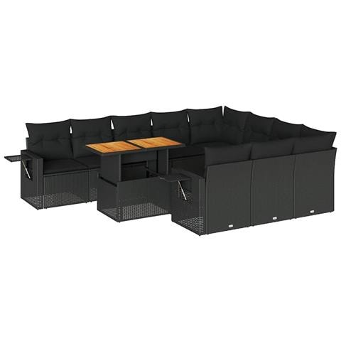 Set Divani da Giardino 11 pz con Cuscini in Polyrattan Nero - Foto 1
