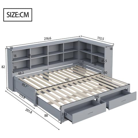 Divano In Legno Massiccio, Letto Singolo 90/180x190cm, Con Letto A Scomparsa, Vano Portaoggetti, Presa Euro Multifunzione, 2 Cassetti E Rete A Doghe, Pino, Grigio - Foto 2