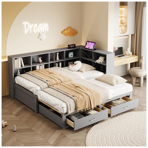 Divano In Legno Massiccio, Letto Singolo 90/180x190cm, Con Letto A Scomparsa, Vano Portaoggetti, Presa Euro Multifunzione, 2 Cassetti E Rete A Doghe, Pino, Grigio - Foto 1