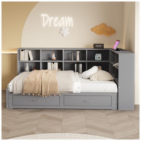 Divano In Legno Massiccio, Letto Singolo 90/180x190cm, Con Letto A Scomparsa, Vano Portaoggetti, Presa Euro Multifunzione, 2 Cassetti E Rete A Doghe, Pino, Grigio - Foto 4