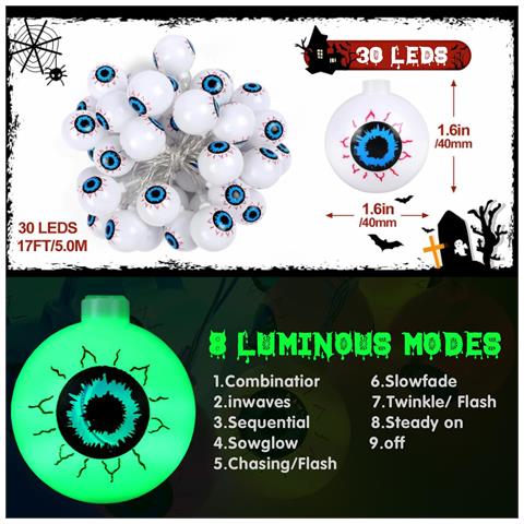 Catena Luminosa Di Halloween 5 M 30 Led Bulbi Oculari Verdi 8 Modalità - Foto 6