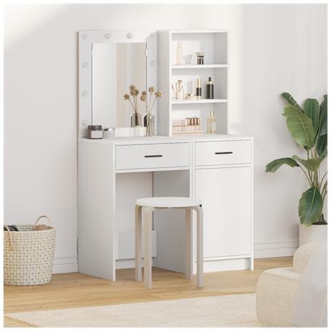 Set da Due Pezzi per Tavolo da Trucco con LED in Legno Bianco - Foto 2