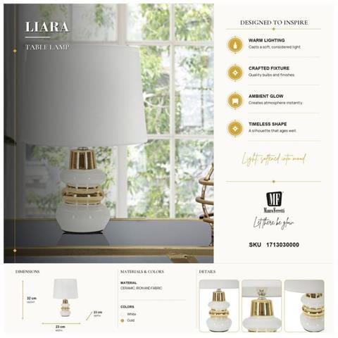 Lampada Da Tavolo Liara Bianca E Oro In Ceramica Con Paralume In Tessuto — Ø 23×32 Cm - Foto 7
