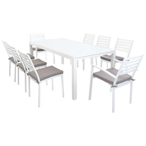 Set Tavolo Giardino Rettangolare Allungabile 200/300 X 100 Con 6 Sedie E 2 Poltrone In Alluminio Bianco Da Esterno - Foto 1