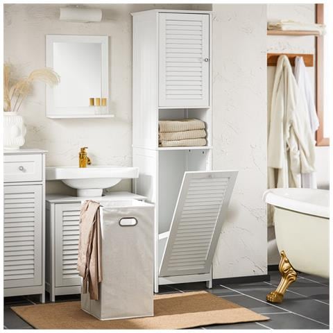 Mobile A Colonna Bagno Salvaspazio Mobile Alto Con Borsa Portabiancheria Pieghevole Bianco L40xp38xa170 Cm Bzr124-w - Foto 5