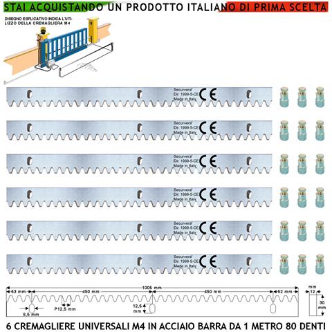 Cremagliera Universale M4 Sei Moduli Da 1 Mt Con 80 Denti In Acciaio Zincato 12x30 Mm Portata Garantita 22 Q.li Max 30 - Foto 1