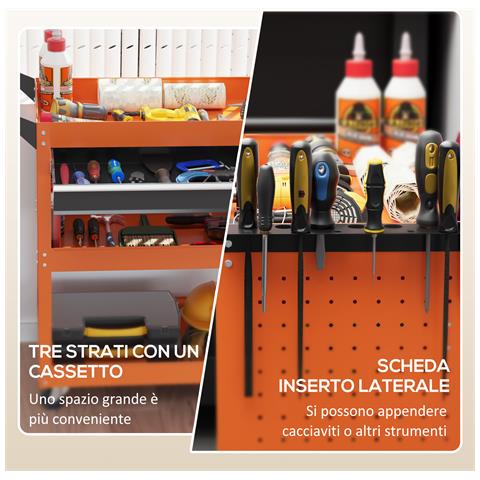 Carrello Porta Attrezzi con Manico Laterale, Cassetto e 3 Ripiani in Acciaio, 82x35x76 cm, Arancione - Foto 2