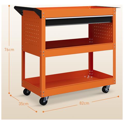 Carrello Porta Attrezzi con Manico Laterale, Cassetto e 3 Ripiani in Acciaio, 82x35x76 cm, Arancione - Foto 6