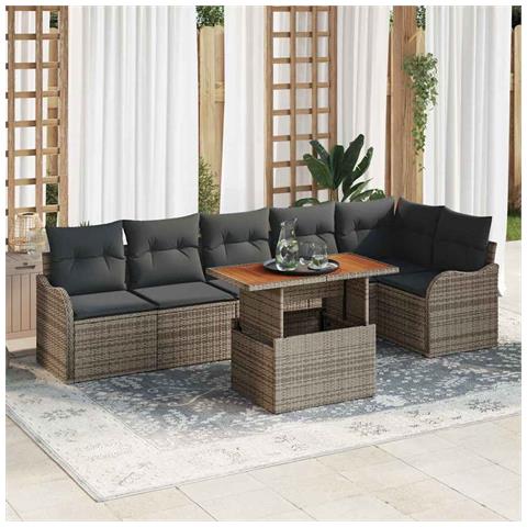 Set di Divani da Giardino 7 Pezzi con Cuscini Grigio Polyrattan, Divano da Giardino 2 Posti con Contenitore & Cuscini Grigio Polyrattan - Foto 2