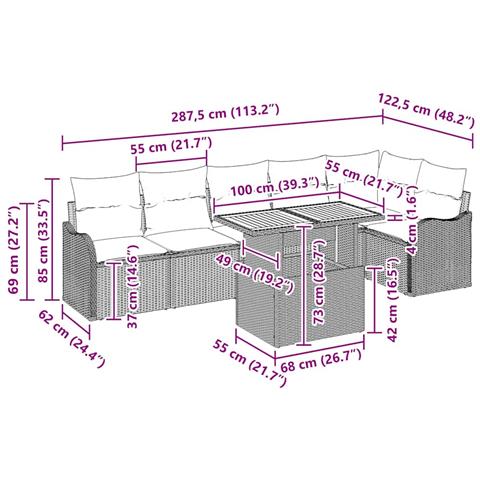 Set di Divani da Giardino 7 Pezzi con Cuscini Grigio Polyrattan, Divano da Giardino 2 Posti con Contenitore & Cuscini Grigio Polyrattan - Foto 9