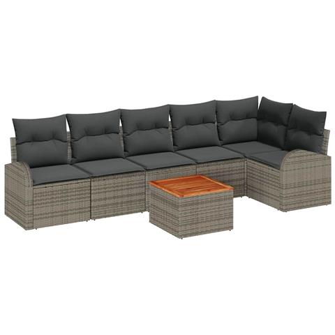 Set di divani da giardino da 7 pezzi con cuscini grigio polyrattan acacia - Foto 1