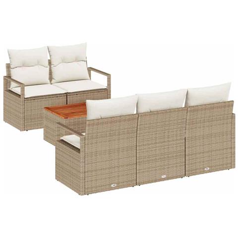 Set Divano da Giardino  6 Pezzi con Cuscini Beige Rattan Sintetico Acacia, Divano da Giardino  2 Posti con Cuscini Beige Rattan Sintetico - Foto 1