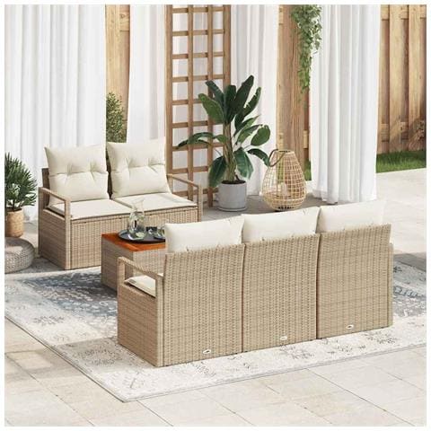 Set Divano da Giardino  6 Pezzi con Cuscini Beige Rattan Sintetico Acacia, Divano da Giardino  2 Posti con Cuscini Beige Rattan Sintetico - Foto 2