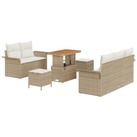 Set Divano da Giardino in 8 Pezzi con Cuscini Rattan Poliestere Beige Acacia, Divano da Giardino per 2 Persone con Cuscini Rattan Poliestere Beige, Set da Pranzo da Giardino in 3 Pezzi con Cuscini Rattan Poliestere Beige Acacia - Foto 1