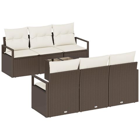 Set di divani da giardino 7 pezzi con cuscini marrone polyrattan, Divano da giardino 2 posti con cuscini marrone polyrattan - Foto 1