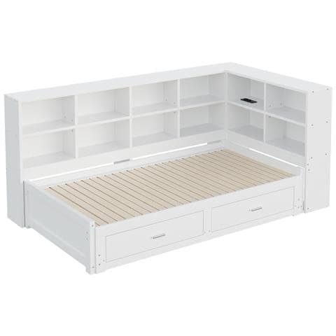 Divano In Legno Massiccio, Letto Singolo 90/180x190cm, Con Letto A Scomparsa, Vano Portaoggetti, Presa Euro Multifunzione, 2 Cassetti E Rete A Doghe, Pino, Bianco - Foto 2