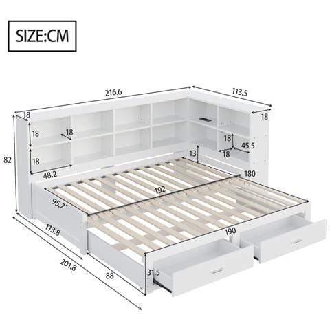 Divano In Legno Massiccio, Letto Singolo 90/180x190cm, Con Letto A Scomparsa, Vano Portaoggetti, Presa Euro Multifunzione, 2 Cassetti E Rete A Doghe, Pino, Bianco - Foto 4