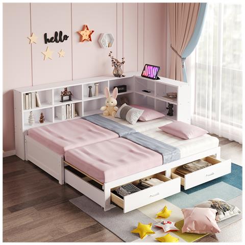 Divano In Legno Massiccio, Letto Singolo 90/180x190cm, Con Letto A Scomparsa, Vano Portaoggetti, Presa Euro Multifunzione, 2 Cassetti E Rete A Doghe, Pino, Bianco - Foto 1