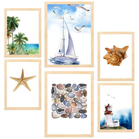 Set Di 6 Stampe Foglio Decorativo Incorniciato Con Composizione Blu Navy E Illustrazione Di Design Per La Decorazione Murale A3 & A4 Telaio In Legno Chiaro - Foto 1