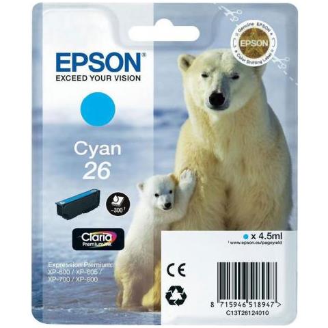 Originale Epson T2612 Ciano C13t26124010 Epson Expression Premium Xp600 Xp605 Xp700 Xp800 26 Capacita' 4.5ml 300 Pagine - Foto 1