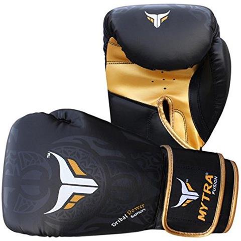 Mytra Tribal Fusion Potere Di Boxe Guanti Di Pelle Sintetica Sl3 Black Gold 16 Oz - Foto 4