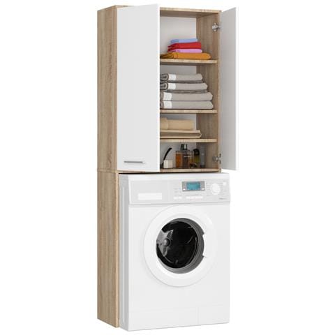 Mobile Alto, Collona da Bagno FIN per Lavatrice, 2 ante, 64x30x180 cm, Colore Sonoma Quercia e Bianco - Foto 2