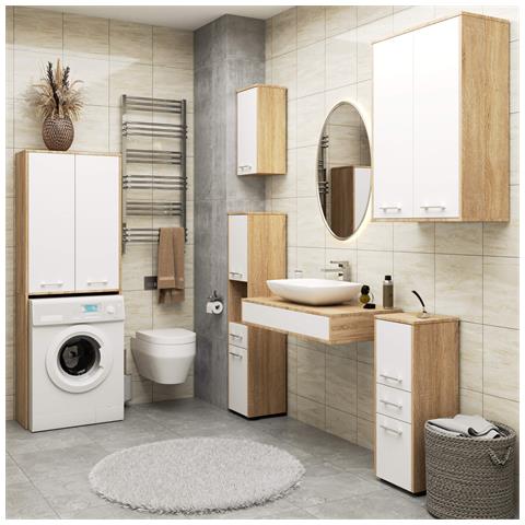 Mobile Alto, Collona da Bagno FIN per Lavatrice, 2 ante, 64x30x180 cm, Colore Sonoma Quercia e Bianco - Foto 6