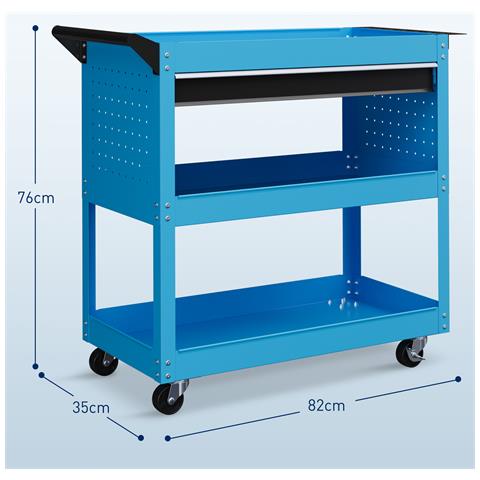 Carrello Porta Attrezzi con Manico Laterale, Cassetto e 3 Ripiani in Acciaio, 82x35x76 cm, Blu - Foto 2
