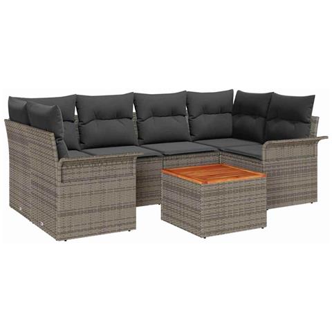 Set di Divani da Giardino da 7 Pezzi con Cuscini Grigio Polyrattan Acacia,  Divano da Giardino a 2 Posti con Spazio di Stoccaggio e Cuscini Grigio Polyrattan - Foto 1