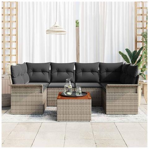Set di Divani da Giardino da 7 Pezzi con Cuscini Grigio Polyrattan Acacia,  Divano da Giardino a 2 Posti con Spazio di Stoccaggio e Cuscini Grigio Polyrattan - Foto 2