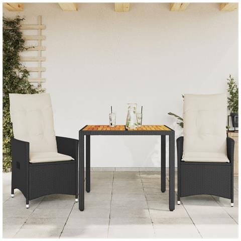 Set da Bistrò 3 pz con Cuscini Nero Polyrattan e Legno Acacia - Foto 2