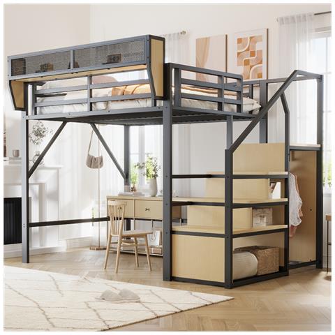 Letto A Soppalco 140x200cm, Con Scala Di Sicurezza E Vano Contenitore Flessibile, Letto In Metallo Per Adulti A Castello Per Bambini, Nero - Foto 2