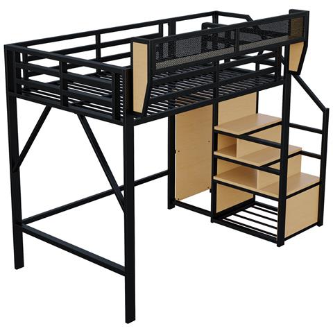 Letto A Soppalco 140x200cm, Con Scala Di Sicurezza E Vano Contenitore Flessibile, Letto In Metallo Per Adulti A Castello Per Bambini, Nero - Foto 4