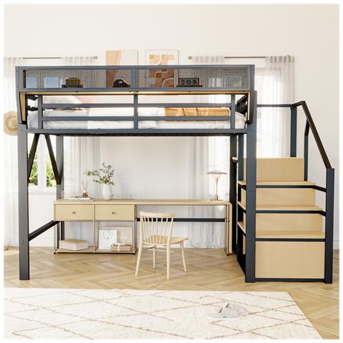 Letto A Soppalco 140x200cm, Con Scala Di Sicurezza E Vano Contenitore Flessibile, Letto In Metallo Per Adulti A Castello Per Bambini, Nero - Foto 1
