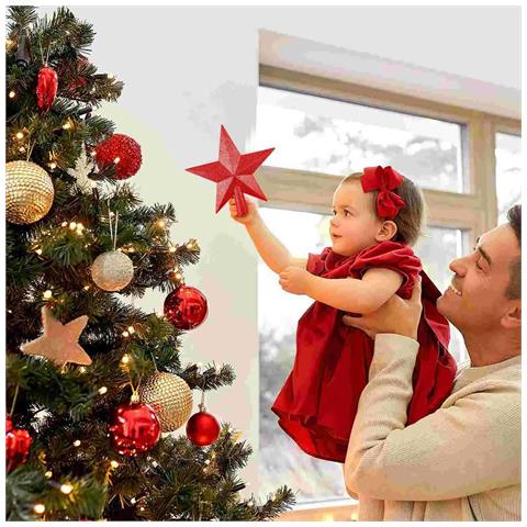 Stella Per Punta Albero Di Natale Rossa Con Glitter 20 Cm - Foto 2