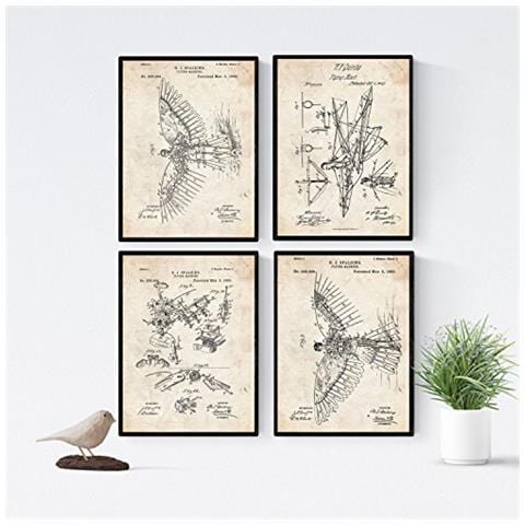 Set Di 4 Stampe Artistiche Vintage. Progettazione E Brevetti Attrezzatura Volo Libero. Parapendio E Deltaplano Senza Cornice A4 - Foto 1