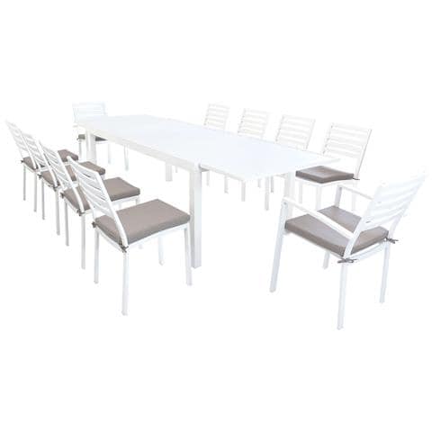 Set Tavolo Giardino Allungabile Rettangolare 200/300 X 100 Con 8 Sedie E 2 Poltrone In Alluminio Bianco Da Esterno - Foto 1