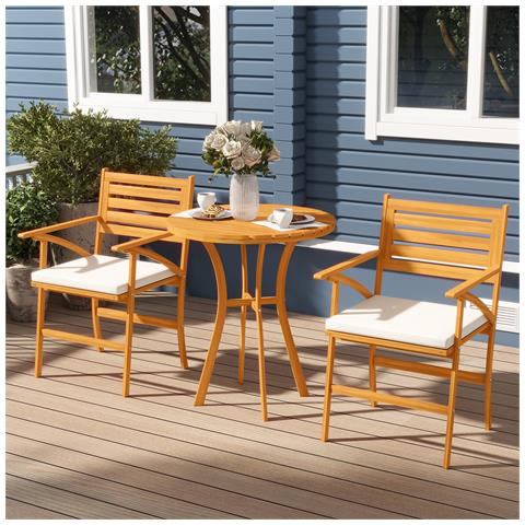 Set Da Giardino 3 Pezzi In Legno Di Pino Con Tavolo Rotondo Ø68x78 Cm E 2 Sedie 55x52x87.5 Cm Con Cuscini - Foto 2