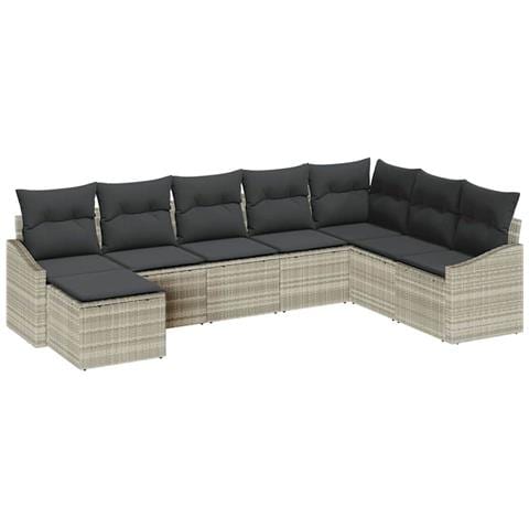 Set da Giardino da 8 Pezzi con Cuscini Grigio Chiaro in Polyrattan - Foto 1