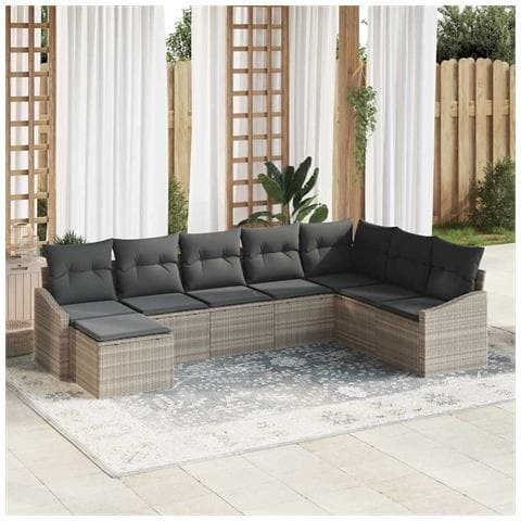 Set da Giardino da 8 Pezzi con Cuscini Grigio Chiaro in Polyrattan - Foto 2