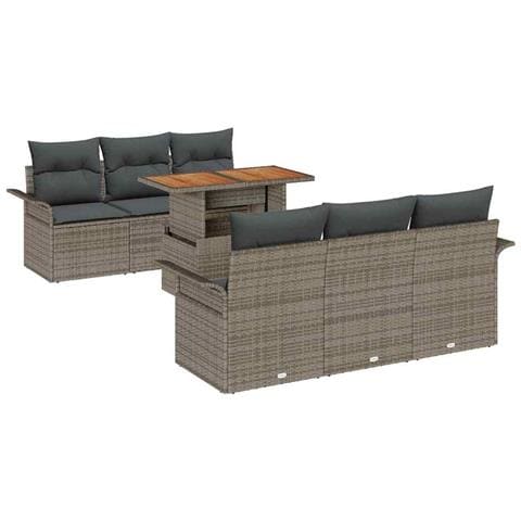 Set di Divani da Giardino  7 Pezzi con Cuscini Grigio Polyrattan, Divano da Giardino  2 Posti con Spazio di Stoccaggio e Cuscini Grigio Polyrattan - Foto 1