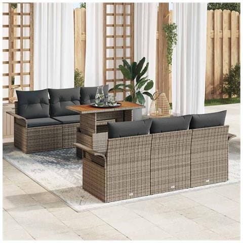Set di Divani da Giardino  7 Pezzi con Cuscini Grigio Polyrattan, Divano da Giardino  2 Posti con Spazio di Stoccaggio e Cuscini Grigio Polyrattan - Foto 2