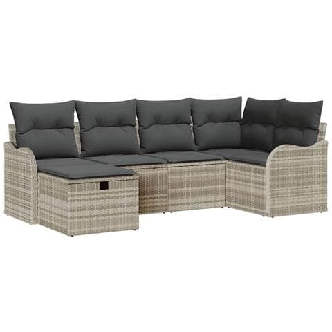 Set divano da giardino 6 pezzi con cuscini Grigio chiaro Poly Rattan, Divano da giardino 2 posti con cuscini Grigio chiaro Poly Rattan - Foto 1