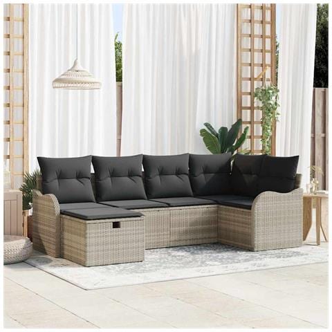 Set divano da giardino 6 pezzi con cuscini Grigio chiaro Poly Rattan, Divano da giardino 2 posti con cuscini Grigio chiaro Poly Rattan - Foto 2
